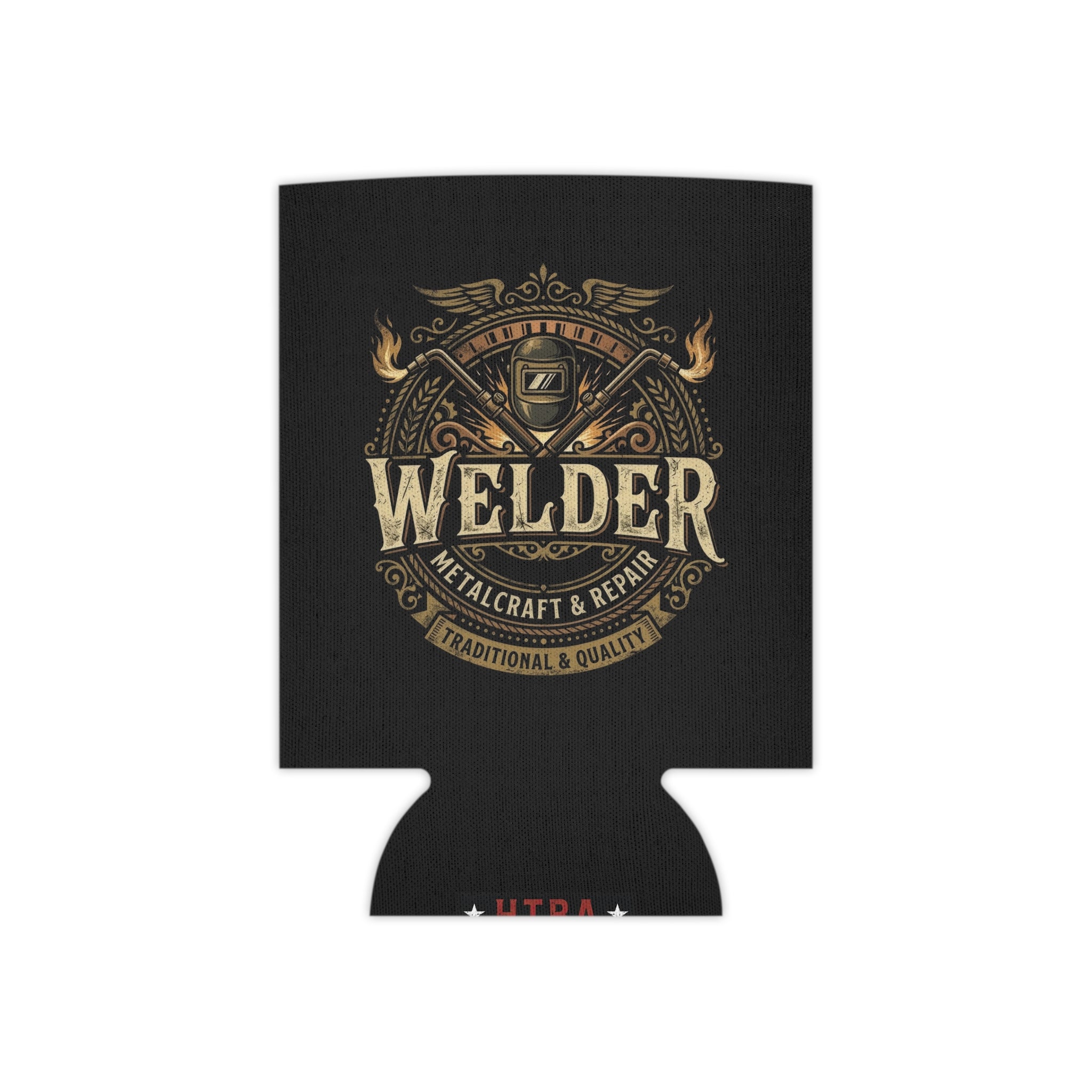 A black can cooler sleeve featuring a vintage-style gold and bronze 'Welder' graphic with crossed welding torches, flames, and the text 'Metal Craft & Repair' and 'Traditional & Quality'.