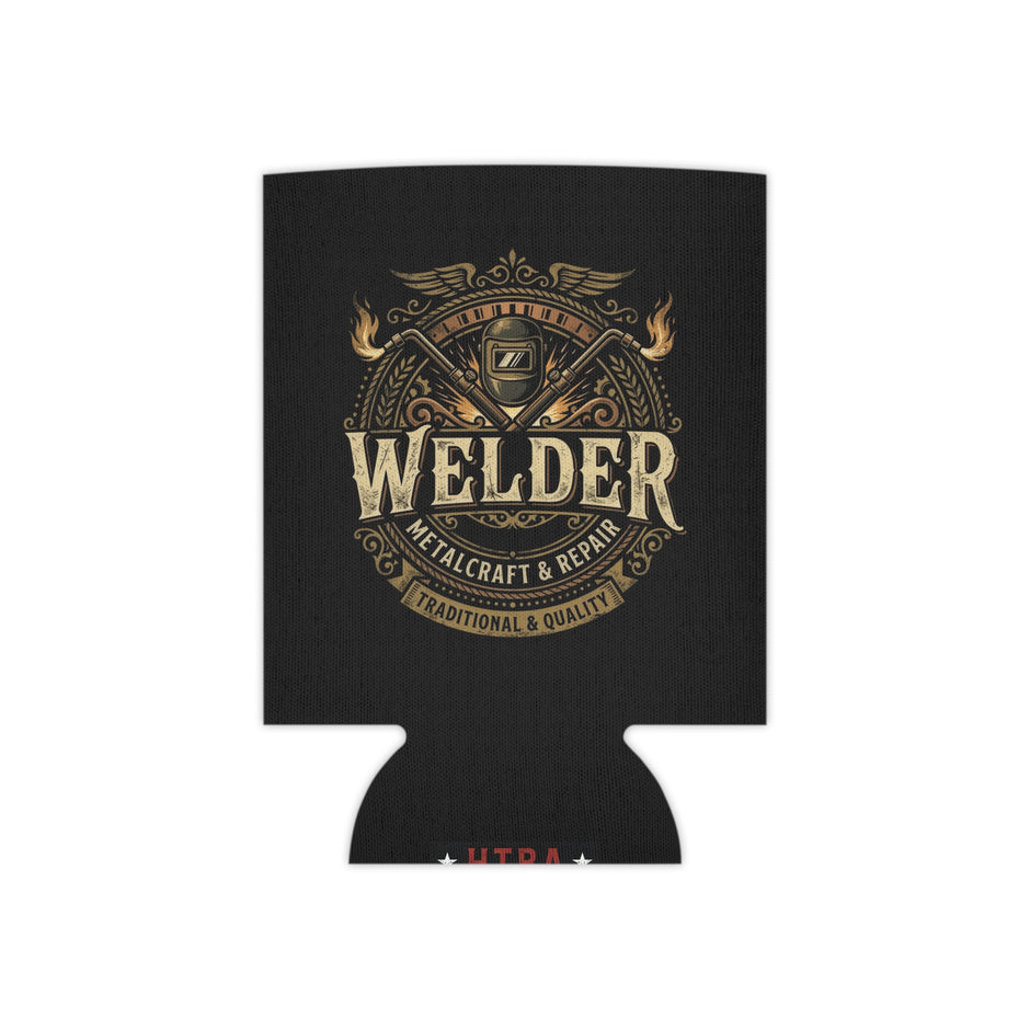 A black can cooler sleeve featuring a vintage-style gold and bronze 'Welder' graphic with crossed welding torches, flames, and the text 'Metal Craft & Repair' and 'Traditional & Quality'.