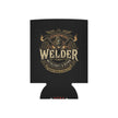 A black can cooler sleeve featuring a vintage-style gold and bronze 'Welder' graphic with crossed welding torches, flames, and the text 'Metal Craft & Repair' and 'Traditional & Quality'.
