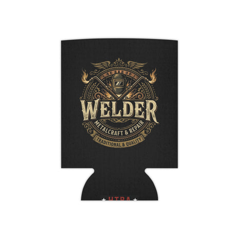 A black can cooler sleeve featuring a vintage-style gold and bronze 'Welder' graphic with crossed welding torches, flames, and the text 'Metal Craft & Repair' and 'Traditional & Quality'.