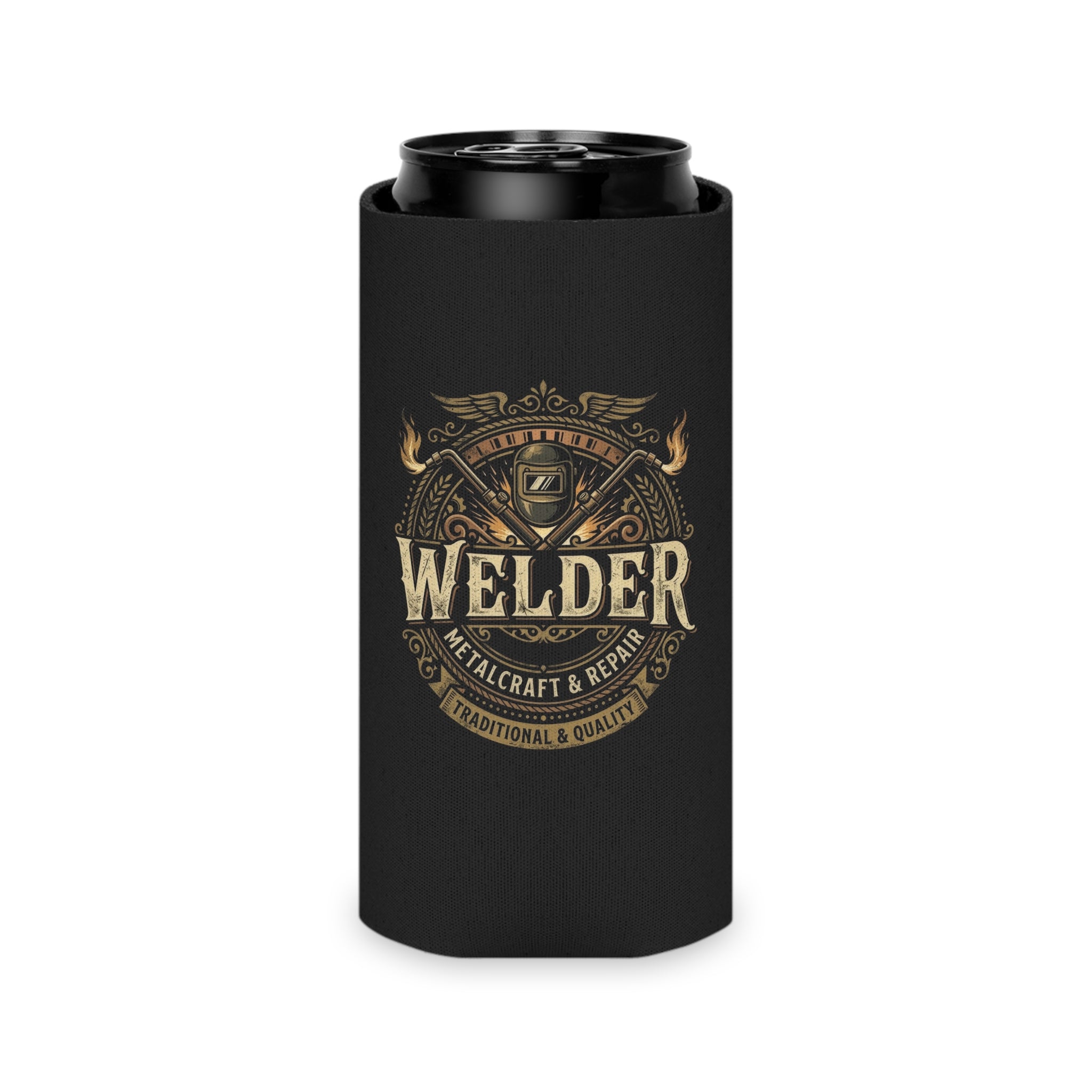 A black can cooler sleeve with a gold and beige 'Welder' graphic, shown holding a black can on a white background.