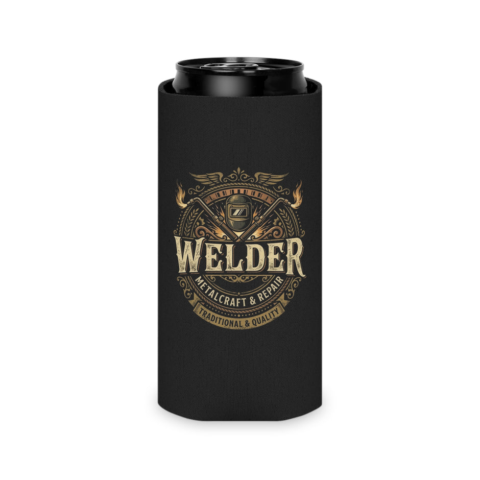 A black can cooler sleeve with a gold and beige 'Welder' graphic, shown holding a black can on a white background.