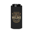 A black can cooler sleeve with a gold and beige 'Welder' graphic, shown holding a black can on a white background.