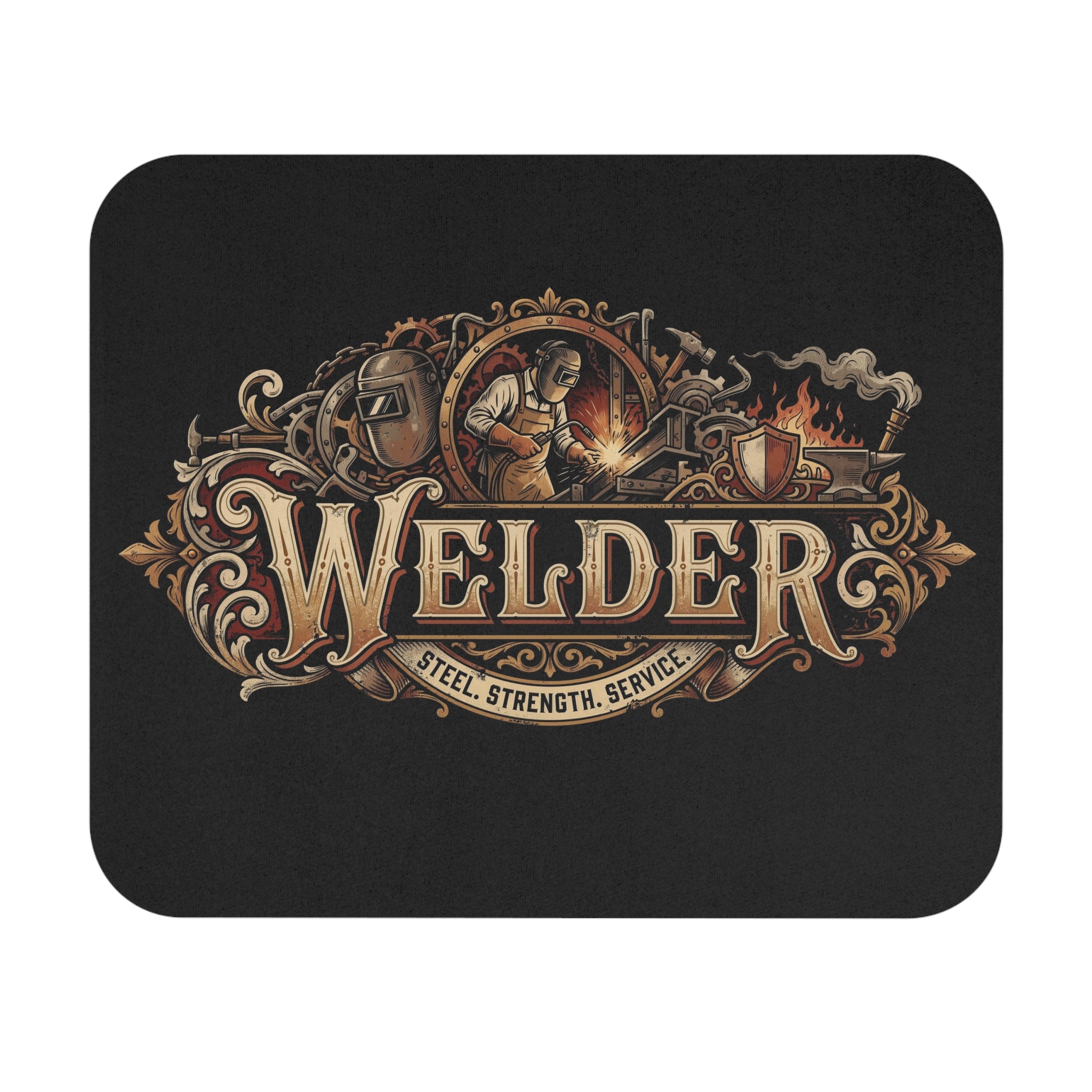 Mouse Pad with rounded corners, featuring a large central steampunk-style graphic that reads 'WELDER' with 'STEEL. STRENGTH. SERVICE.'