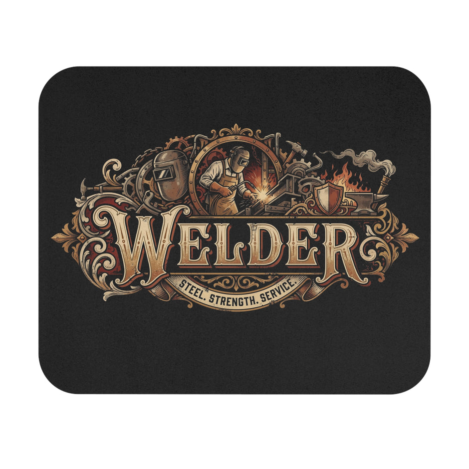 Mouse Pad with rounded corners, featuring a large central steampunk-style graphic that reads 'WELDER' with 'STEEL. STRENGTH. SERVICE.'