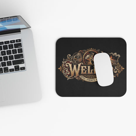 Rectangular mouse pad with a decorative vintage-style 'Welder' graphic in gold and brown, shown on a white desk next to a silver laptop and with a white computer mouse resting on top.