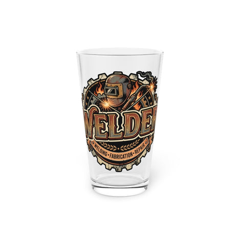 Clear glass with a 'Welder' themed design on a white background