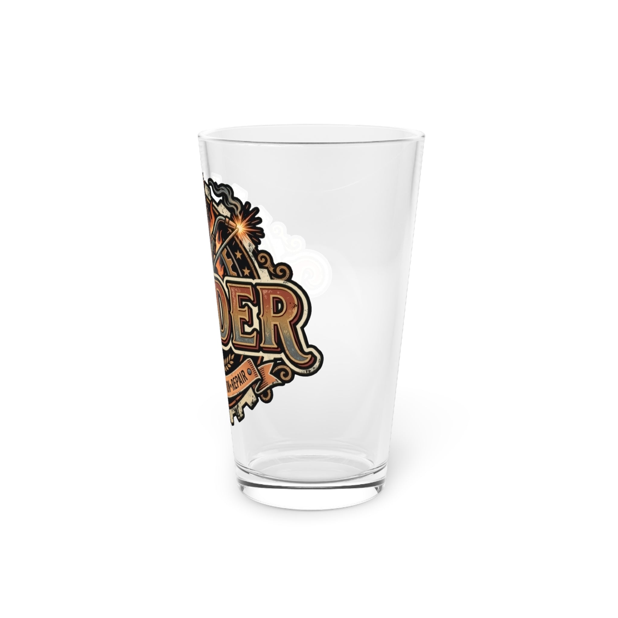 Clear glass with a decorative label on a white background