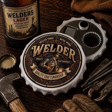 A bottle-cap-style metal tool with a circular Welder logo sits on a dark wooden surface, surrounded by work tools and a Welders Lager beer bottle. The product is shown in a styled workshop scene rather than a plain studio setup, so this fits Lifestyle because a real environment and props are present.