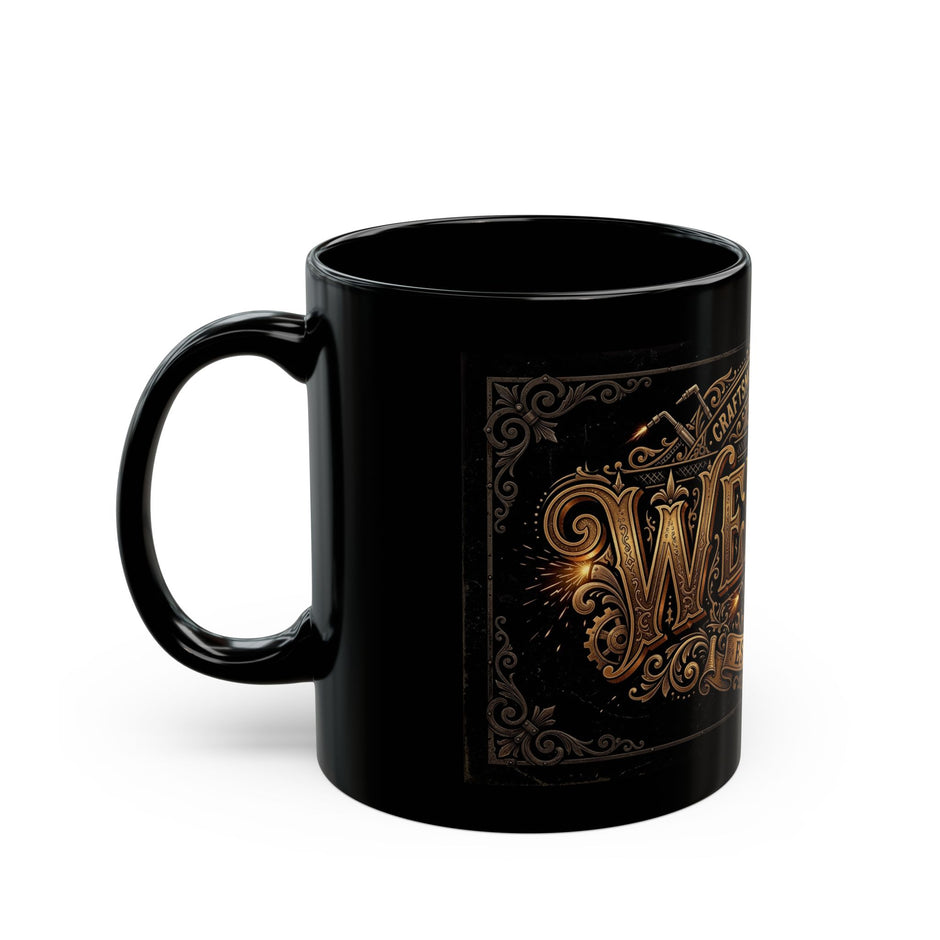 Black mug with gold decorative text on a white background