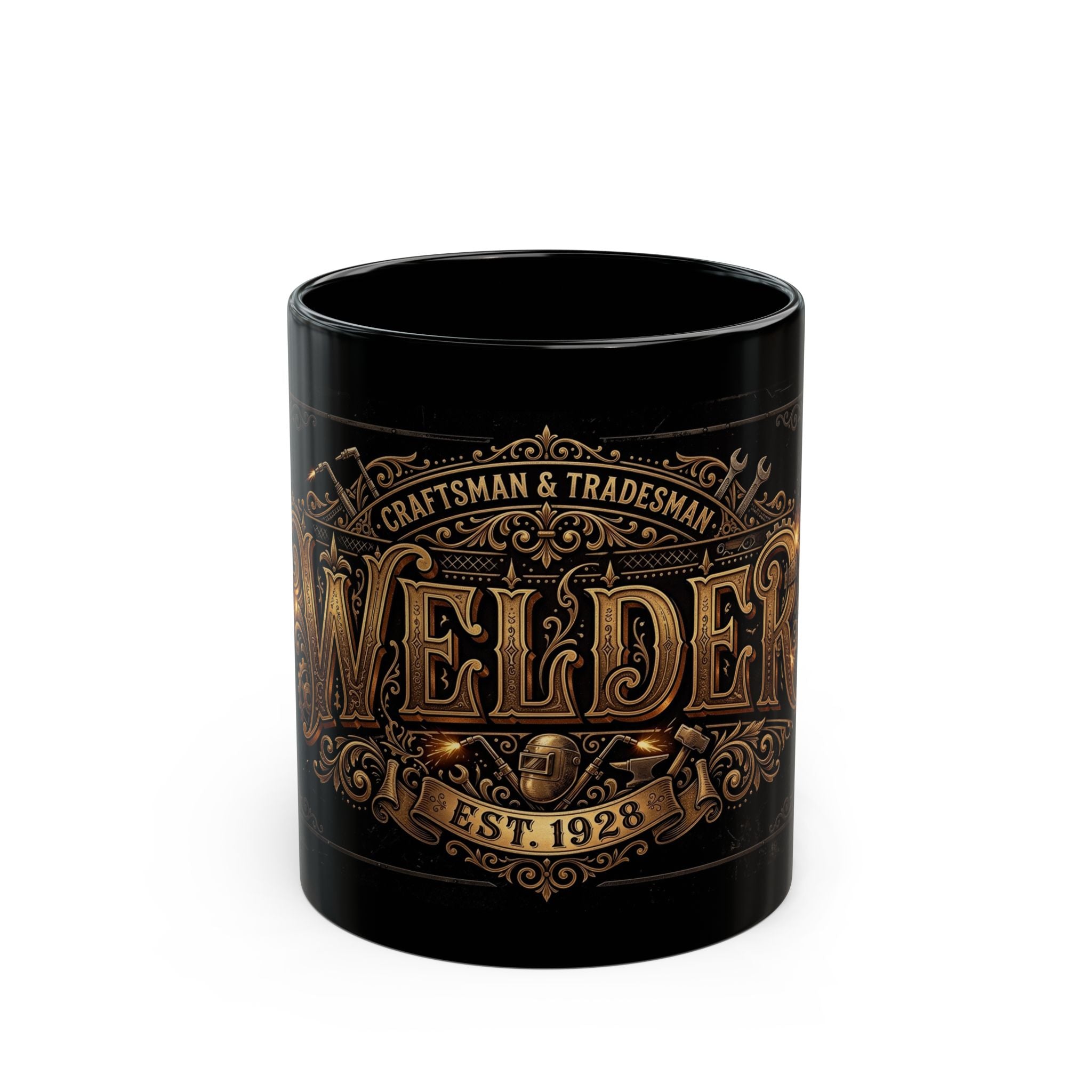 Black Welder's coffee mug with gold 'Welder' branding on a white background