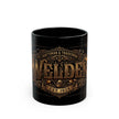 Black Welder's coffee mug with gold 'Welder' branding on a white background