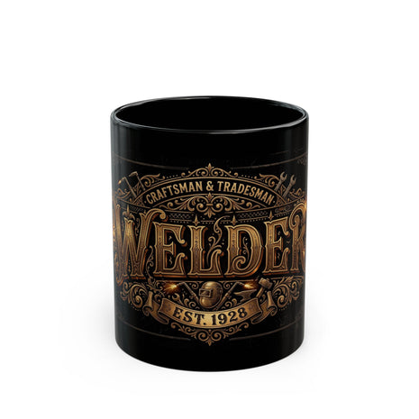 Black Welder's coffee mug with gold 'Welder' branding on a white background