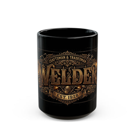 Black Welder's coffee mug with gold 'Welder' branding on a white background