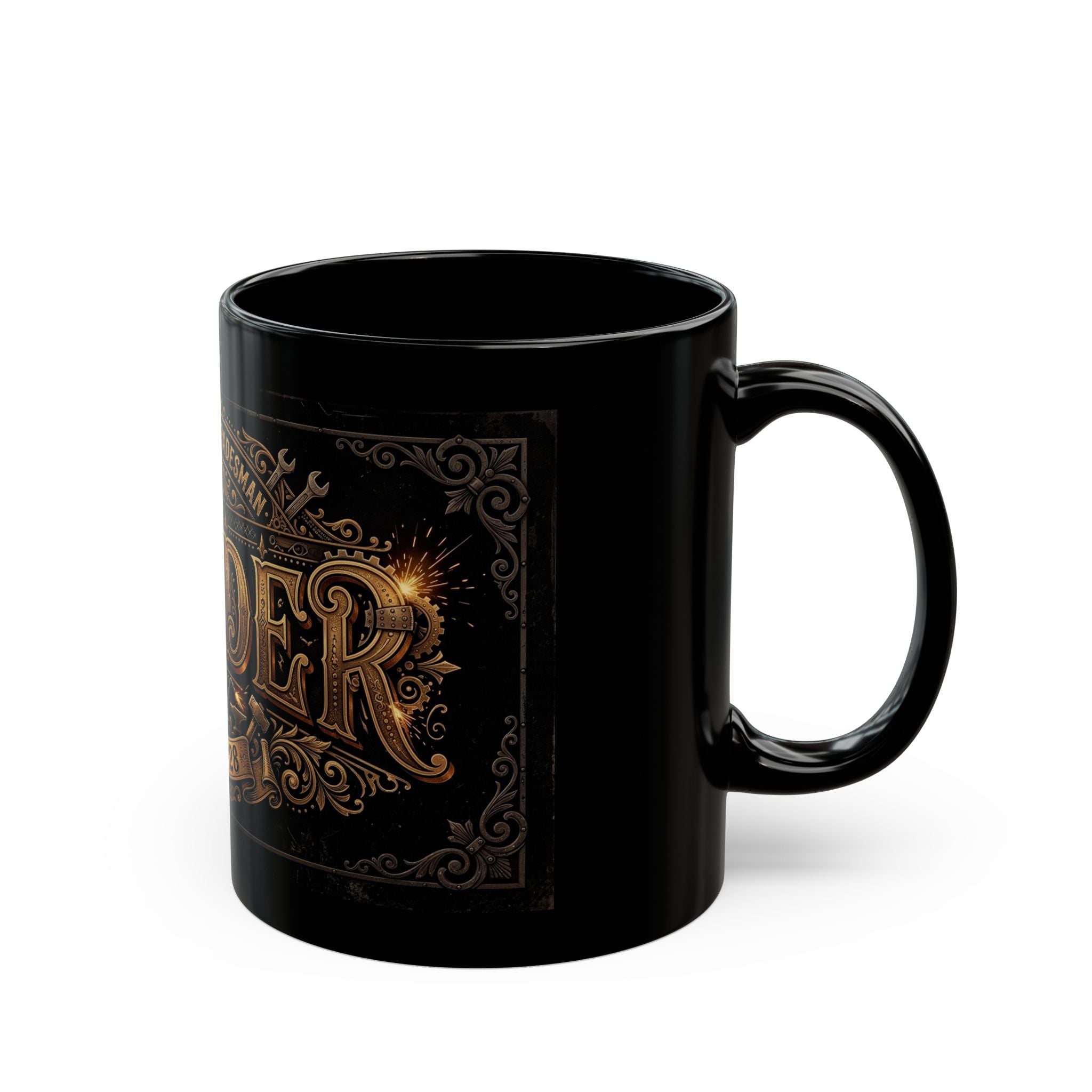 Black mug with gold and bronze design on a white background