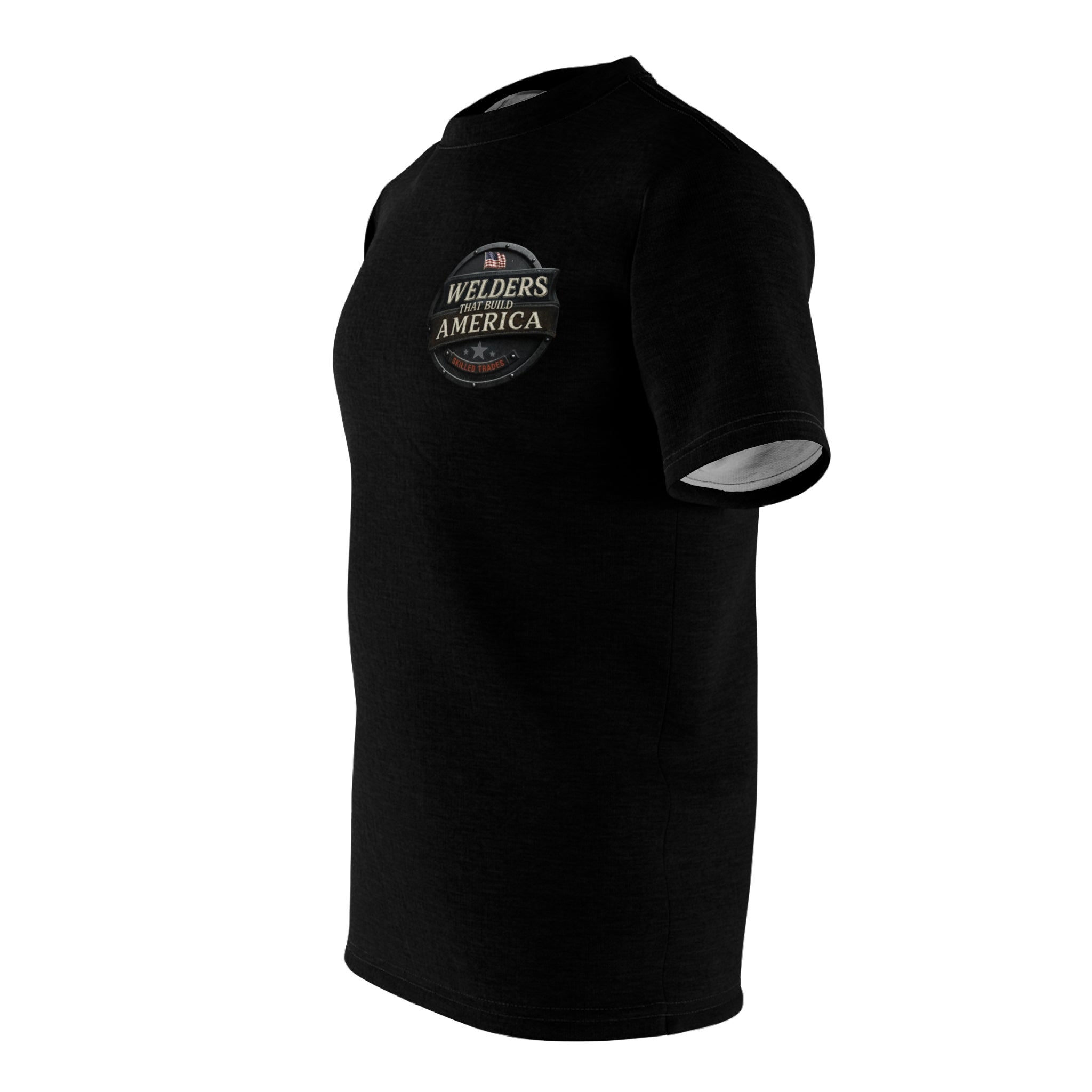 Side view of Welder's t-shirt with chest logo