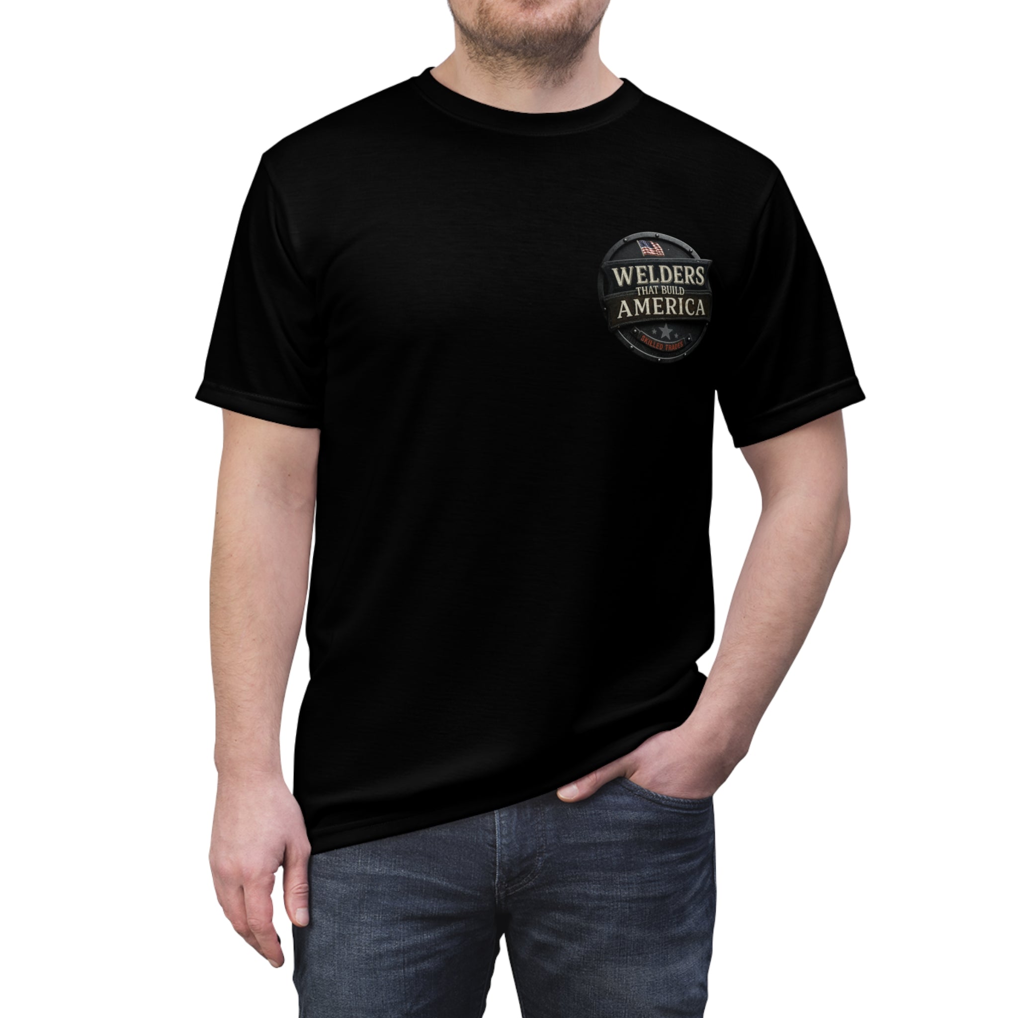 Person wearing a black t-shirt with Welder's logo on chest on a white background