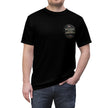 Person wearing a black t-shirt with Welder's logo on chest on a white background