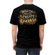 Back side of Black t-shirt with gold text 'When I'm Around, I Create Sparks!' on a white background
