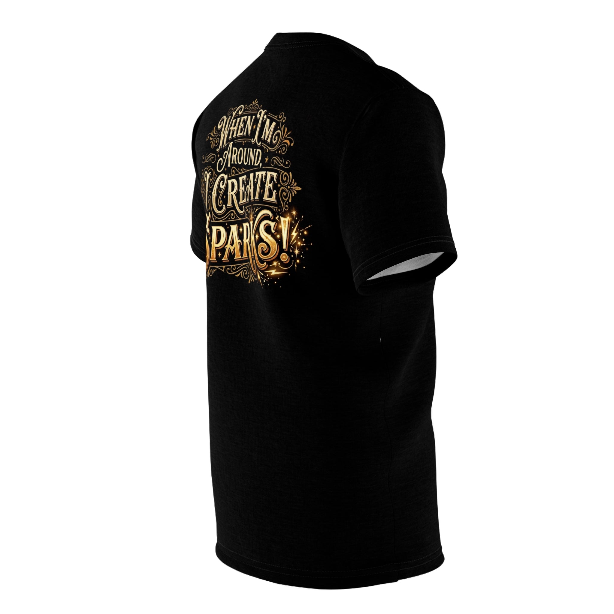 Black t-shirt with gold text design on a white background