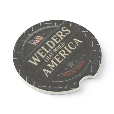 Car coaster with 'Welders That Build America' text and American flag on a white background