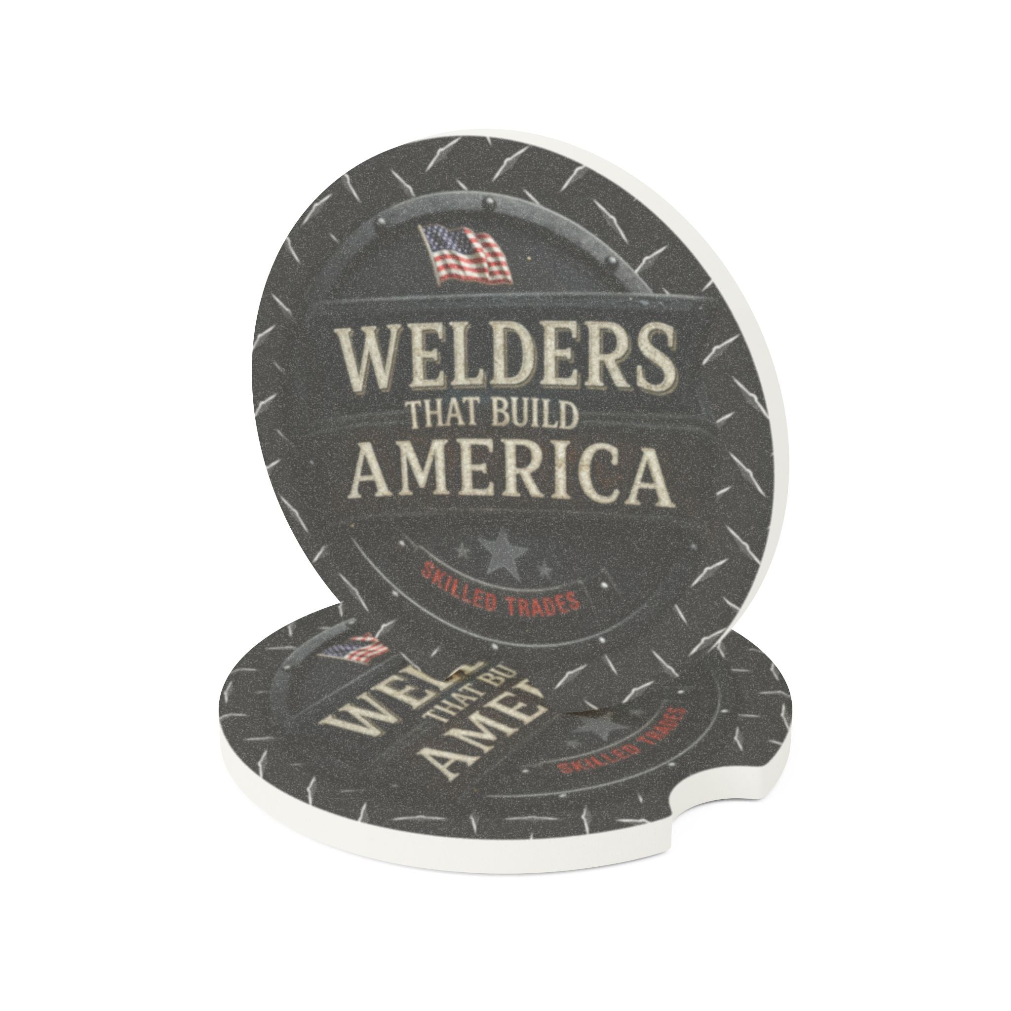 Car coasters with 'Welders That Build America' text on a white background