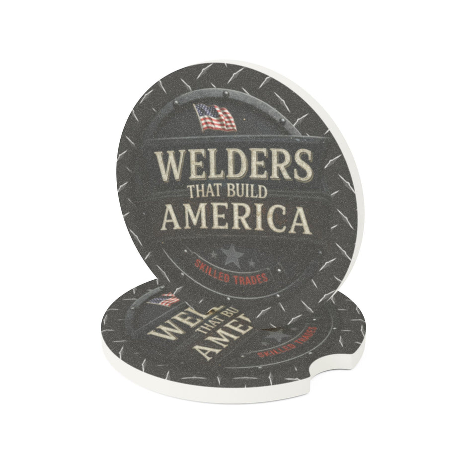 Car coasters with 'Welders That Build America' text on a white background
