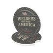 Car coasters with 'Welders That Build America' text on a white background