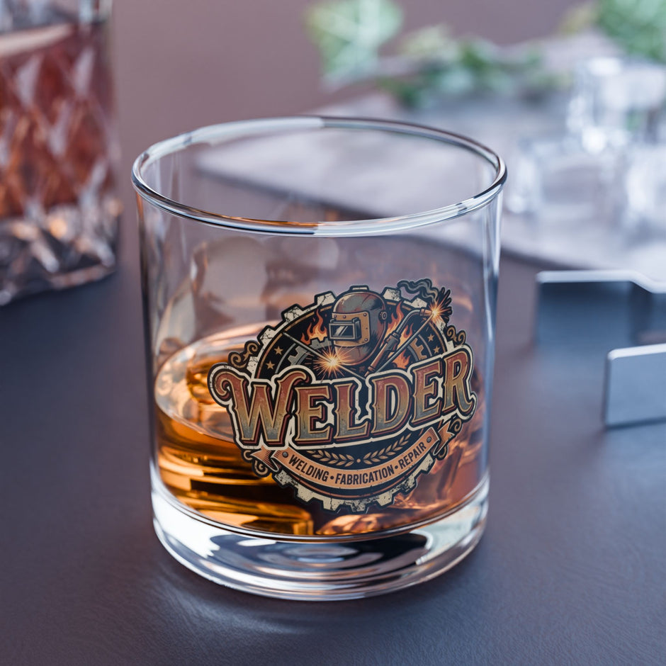 A clear rocks glass with a printed welding-themed badge that reads “WELDER” and smaller text “WELDING-FABRICATION-MAINTENANCE,” filled with amber liquid, set on a dark tabletop with blurred background objects.