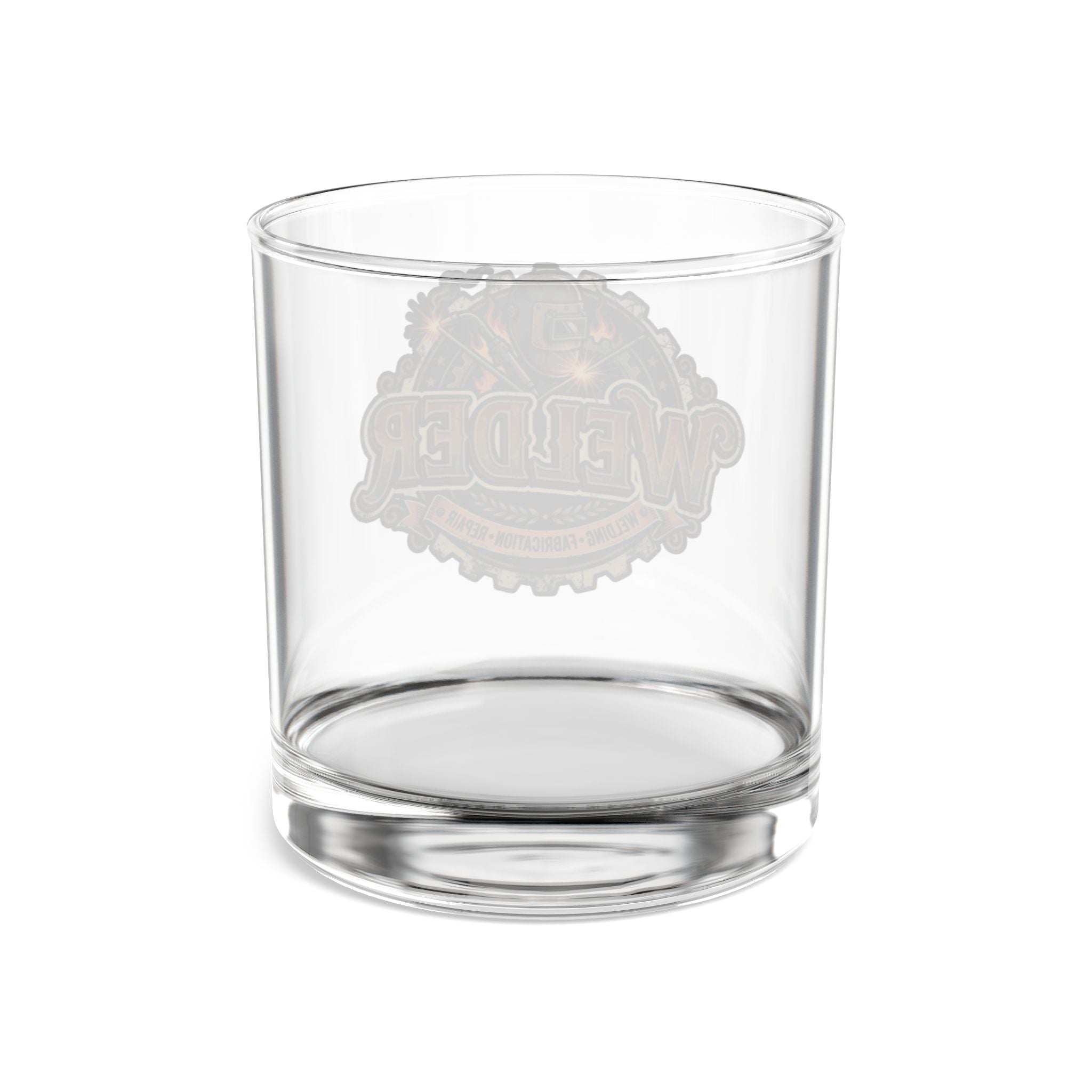 A clear glass rocks tumbler with a frosted gray circular logo on the front, set against a plain white background.