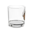 A clear glass rocks tumbler with a decorative graphic on the side, shown on a plain white background.