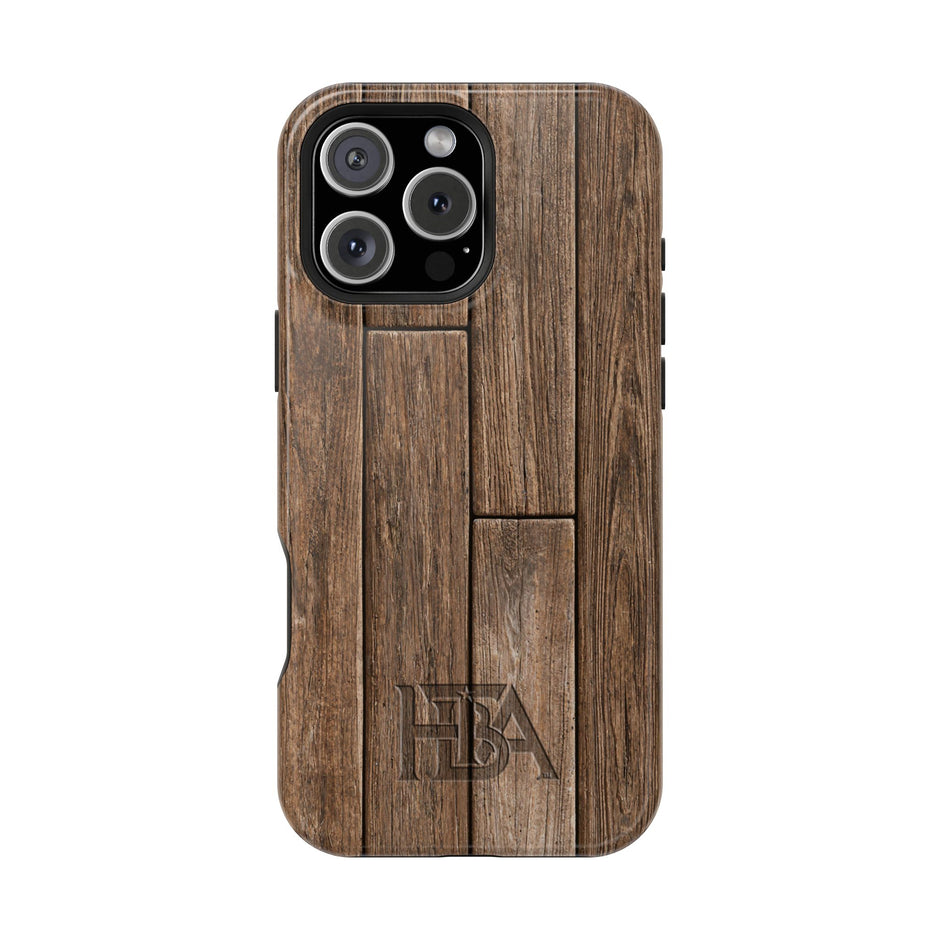 Wooden phone case with HTBA logo on a white background