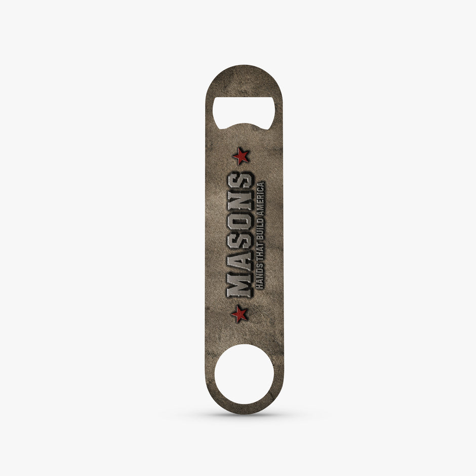 A rustic metal bottle opener with a distressed gray and brown textured finish, featuring the text 'MASON'S CALIFORNIA BUILT AMERICA' and two red stars, shown on a light gray background.