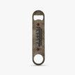 A rustic metal bottle opener with a distressed gray and brown textured finish, featuring the text 'MASON'S CALIFORNIA BUILT AMERICA' and two red stars, shown on a light gray background.