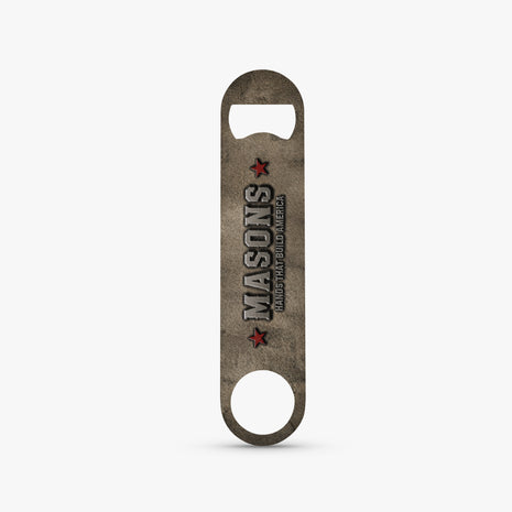 A rustic metal bottle opener with a distressed gray and brown textured finish, featuring the text 'MASON'S CALIFORNIA BUILT AMERICA' and two red stars, shown on a light gray background.