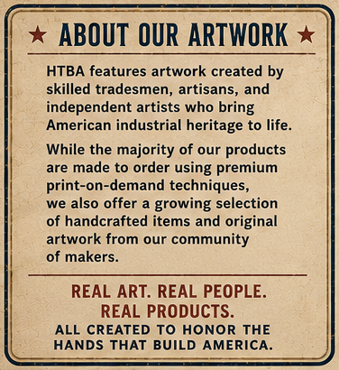 Text about HTBA's artwork featuring skilled tradesmen and artisans on a vintage-style background.