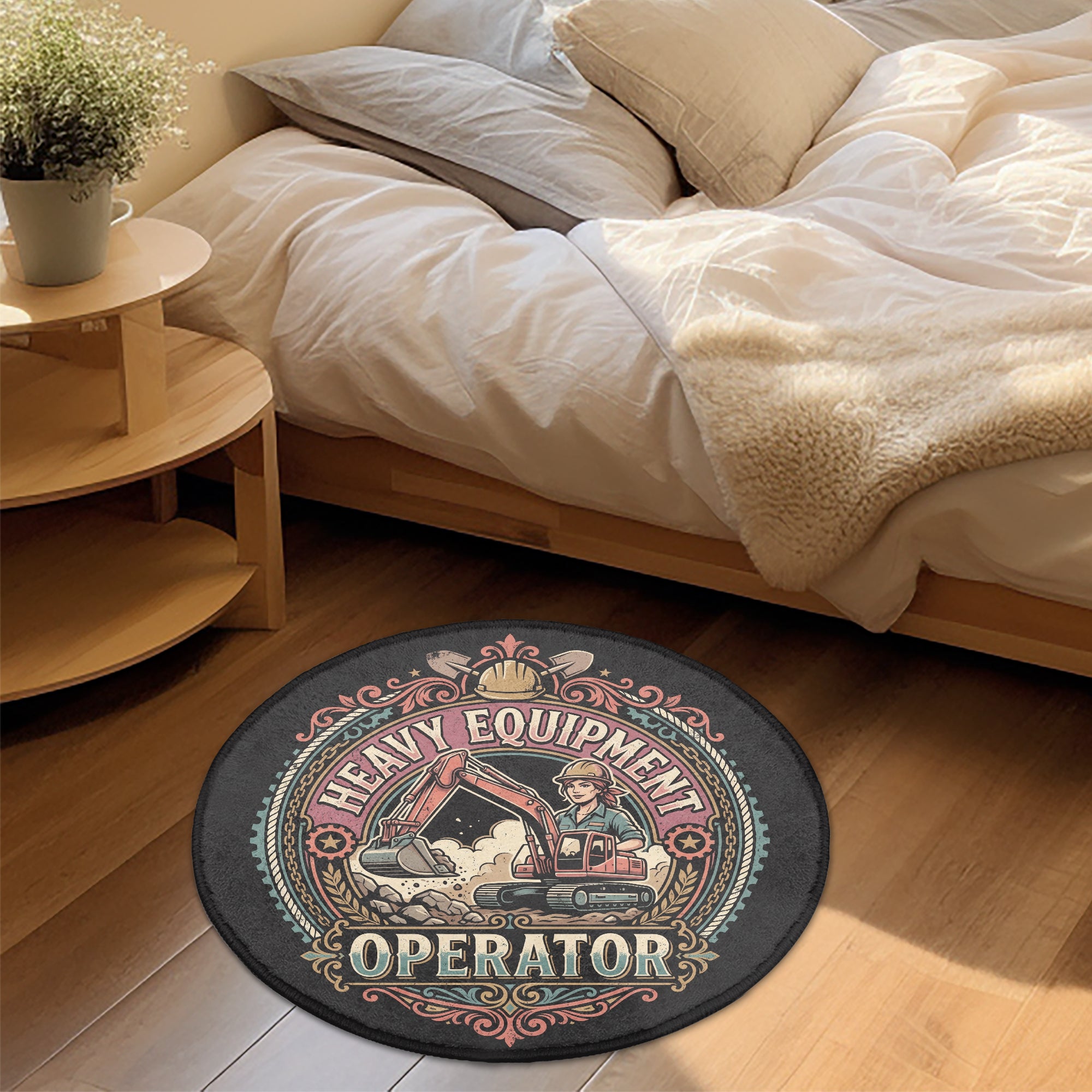 A round black rug with a vintage-style 'Heavy Equipment Operator' graphic is placed on a wooden floor next to a bed with white bedding and a wooden side table.